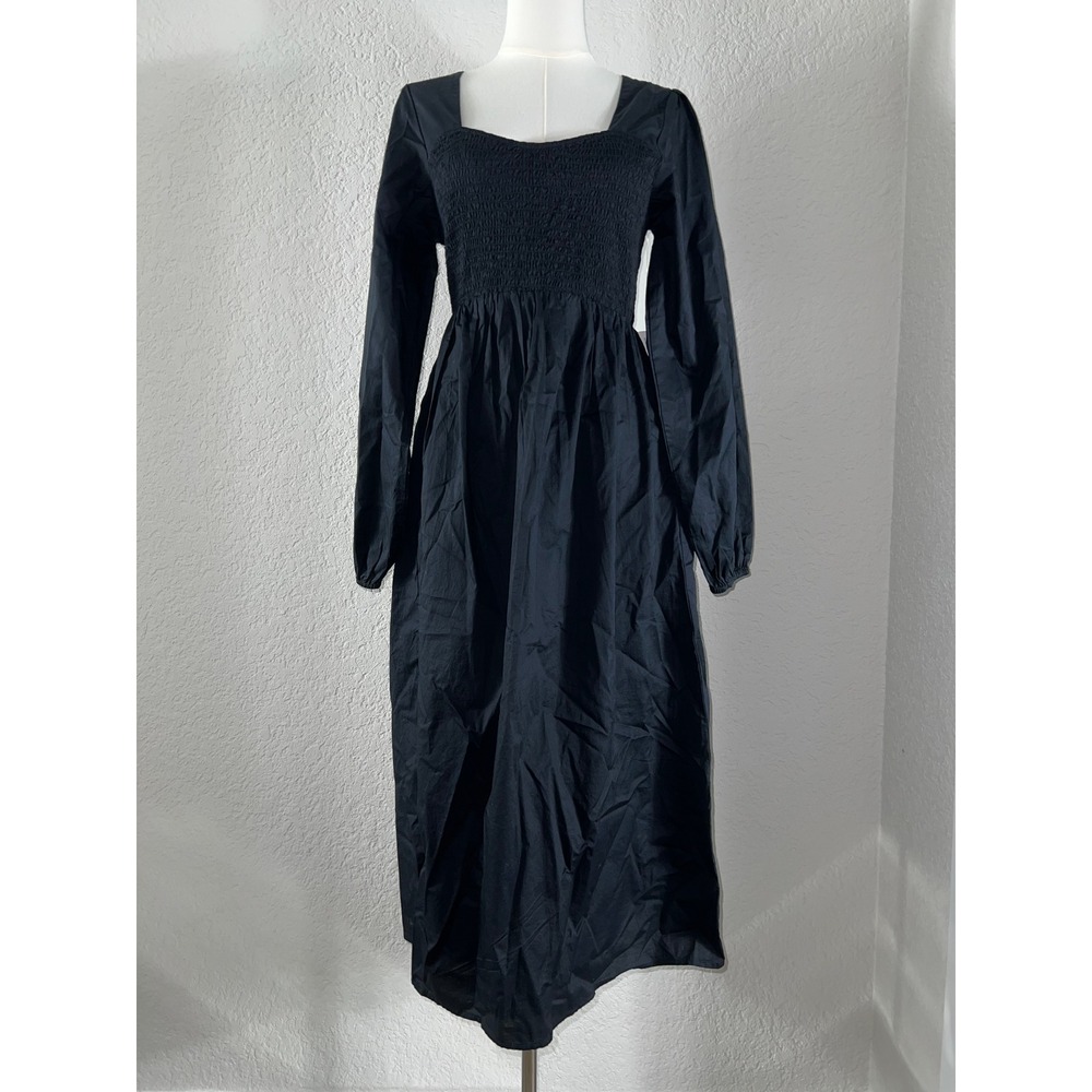 Halloween Smocked Long Sleeve Maxi Dress Black Poplin Cotton Witchy Vampy GOTH
